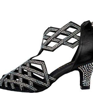 WUAILIM Women Rhinestone Dance Shoes Latin Salsa Bachata NEW IN BOX Black